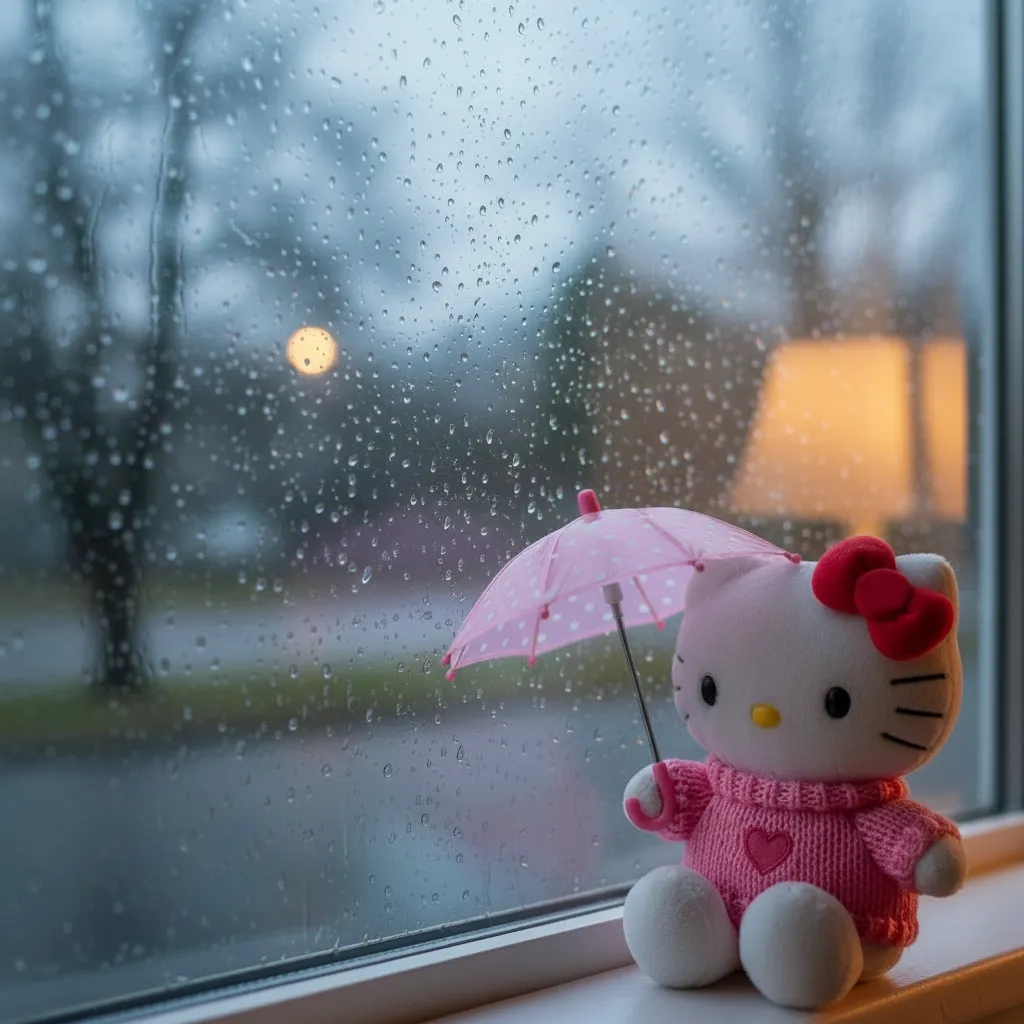 عکس عروسک کیتی در فضای بارانی