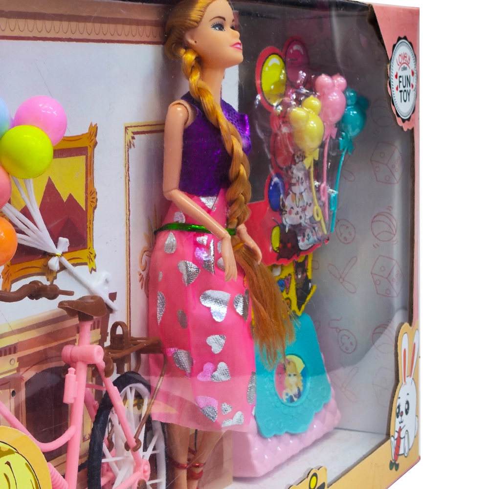 عروسک باربی همراه با دوچرخه و بچه و کیف