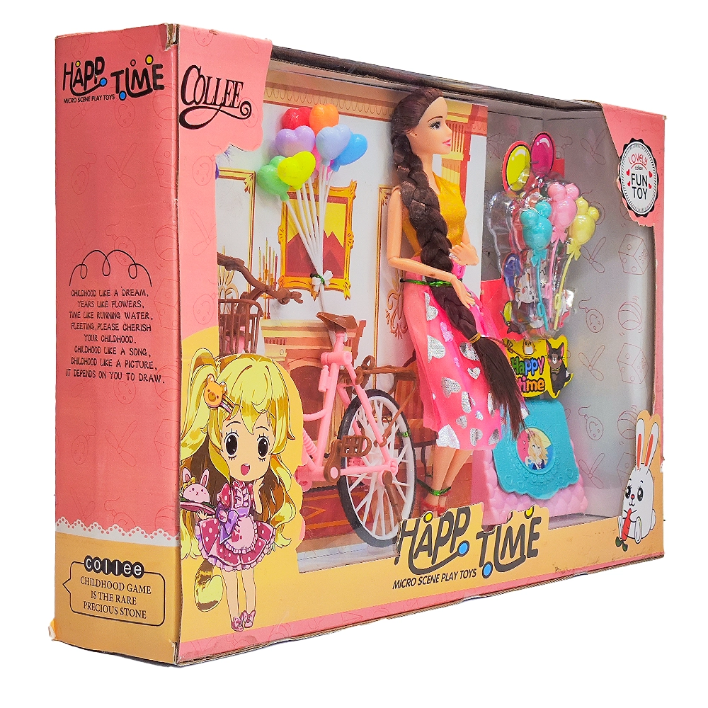 عروسک باربی همراه با دوچرخه و بچه و کیف